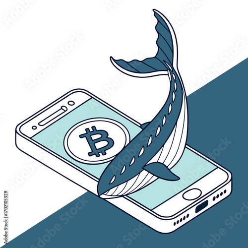 Vector illustration of smartphone with Bitcoin logo and a whale, symbolizing large cryptocurrency investors, bitcoin whales, digital currency dominance, and market influence.