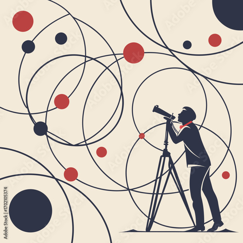 Vector illustration of a man looking through a telescope at planets and abstract orbits, symbolizing astronomy, stargazing, space exploration, science discovery, and cosmic observation.