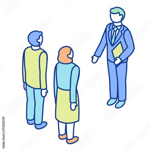 An isometric illustration of a businessman providing customer service and a couple receiving an explanation. An illustration depicting a salesperson engaging with a male-female customer couple.