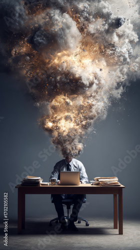 Stressed businessman feeling anxiety and pressure from work overload. burnout explosion showing mental health crisis