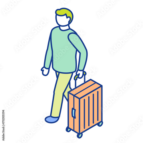Isometric illustration of a man carrying a suitcase. A male traveler walking with luggage.