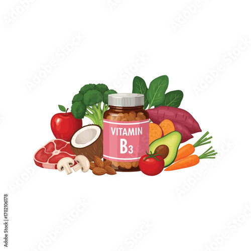 Healthy eating vitamin b3 supplement bottle surrounded by fresh fruits vegetables and nuts vector