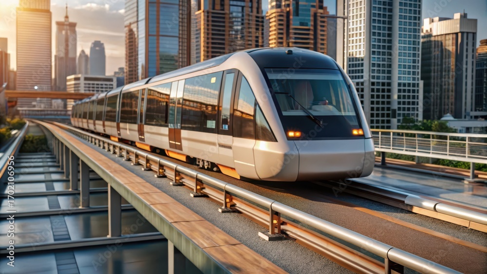 Naklejka premium Modern Airport Shuttle with Monorail Station in the Background