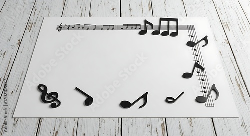 Blank sheet music paper with musical notes.