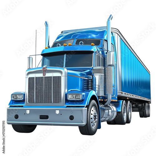 Sleek blue semitruck with chrome accents and a matching trailer showcasing transportation and logistics perfect for trucking industry marketing and promotional materials on transparent background