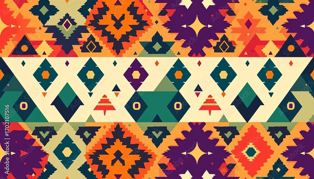 Vibrant ethnic tribal seamless pattern with geometric triangles , seamless, style