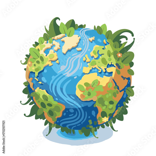Illustration of Earth surrounded by greenery