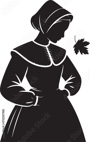 Pilgrim woman silhouette with autumn leaf illustration