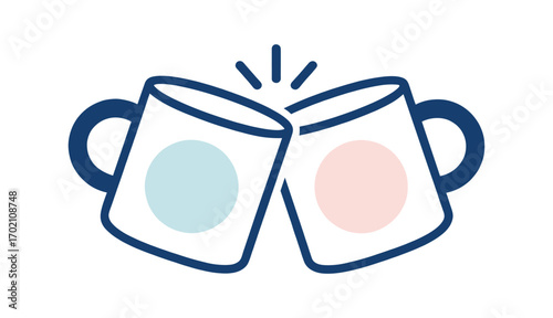 Vector illustration of two coffee mugs clinking together in simple minimal design, representing social celebration, hot drinks, coffee break, or friendship concept