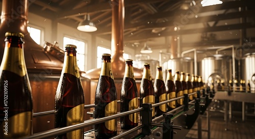 Bottles on a conveyor belt in a brewery, production line.