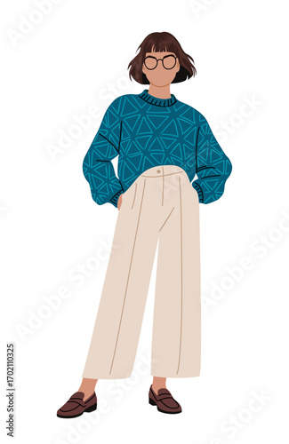 Stylish woman in oversized patterned sweater, wide-leg beige trousers, and loafers, full length, Vector illustration isolated on transparent background, modern fashion flat design