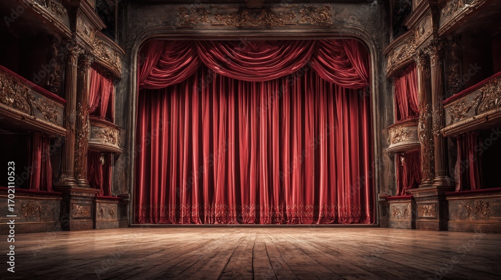 Fototapeta premium Grand Theater Stage with Red Velvet Curtains, Ornate Architecture, and Empty Wooden Floor