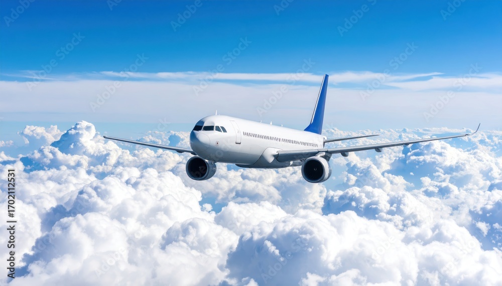 Obraz premium Commercial airplane soaring through fluffy clouds beneath a vibrant blue sky adventure