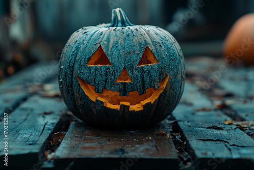 Generative AI photo of funny halloween pumpkins outdoors horror autumn night decor