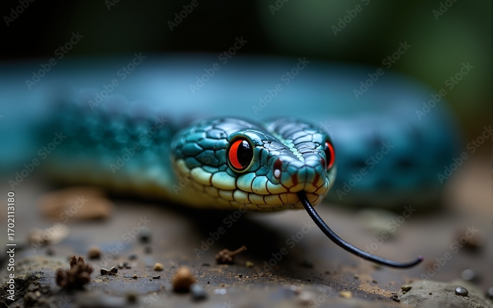 Fototapeta premium Observing Blue Pit Viper Snake with Red Eyes and Protruding Tongue. High quality