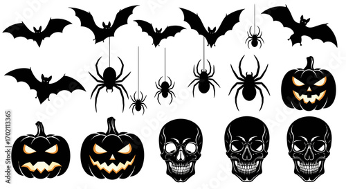 Spooky Halloween Jack O Lanterns and Scary Skulls Illuminated with an Eerie Glow for Your Frightening Night Decorations