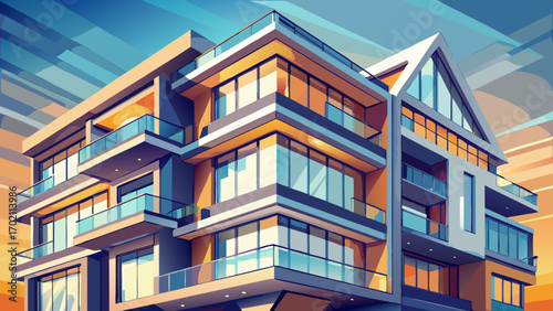 Sleek fragment of a luxury apartment building, with angular balconies, floor-to-ceiling windows, and metallic details, reflecting sunlight beautifully, symbolizing innovation, minimalism, and high-cla
