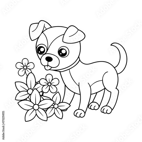 Puppy Watering Flowers Coloring Page