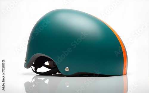 Teal Cycling Helmet with Orange Stripe Reflected on Polished Surface. High quality