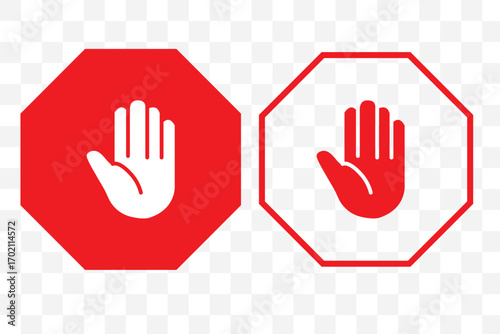 Stop, do not cross, ban, forbidden and alert icon set road safety sign board symbols in red and white color. Stop sign red color isolated. Vector stop hand sign vector illustration.