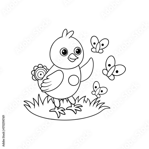 Chick Planting Flowers Coloring Page