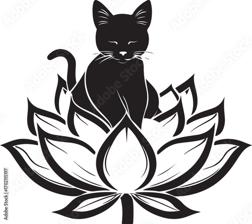 Elegant black cat sitting serenely on lotus flower