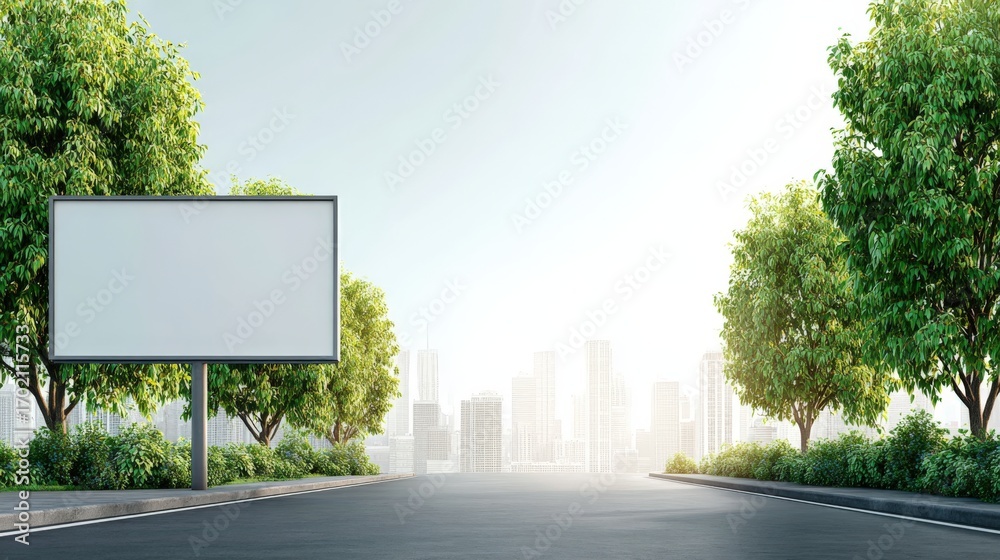 Fototapeta premium Billboard Mockup on City Road with Trees: Outdoor Advertising Space for Urban Campaigns