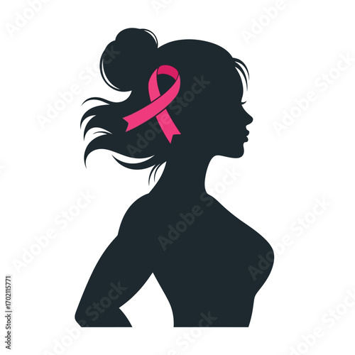 Vector graphic of a female silhouette with a pink ribbon symbolizing hope, support, and the fight against breast cancer awareness