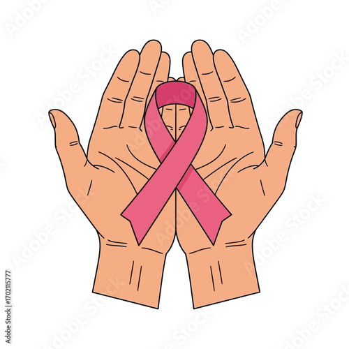 Open hands gently cradle a vibrant pink ribbon, symbolizing global awareness and unwavering support for breast cancer research and those affected by the disease