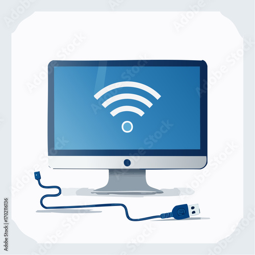Ordinateur connexion filaire USB ou WIFI, fond blanc