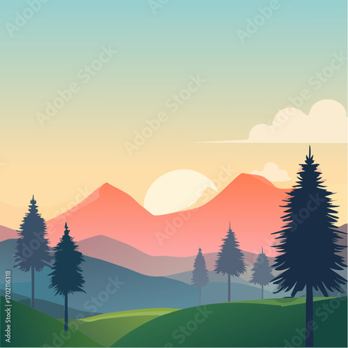 Vallée, montagne, coucher de soleil, paysage bucolique, poétique, couleurs pastel