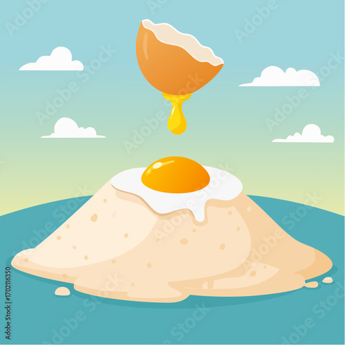 Oeuf cassé sur de la farine, jaune d'oeuf, pâtisserie
