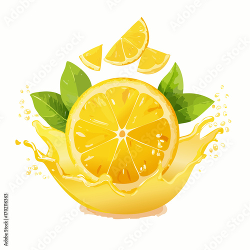 Fraîcheur citron, citron tranché, projection de jus de citron, fond blanc