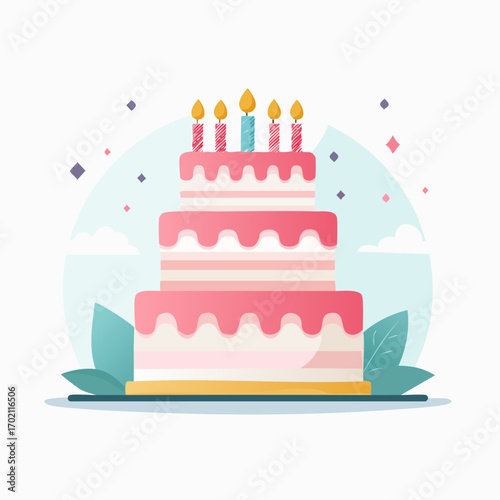 Magnifique gâteau d'anniversaire à plusieurs étages, coloré, crème, bougies, festif, arrière plan blanc, graphisme, joyeux