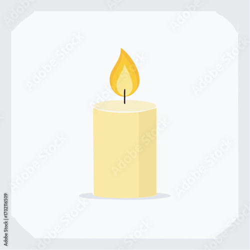 Jolie bougie blanche allumée, simple, flamme, fond clair uni 