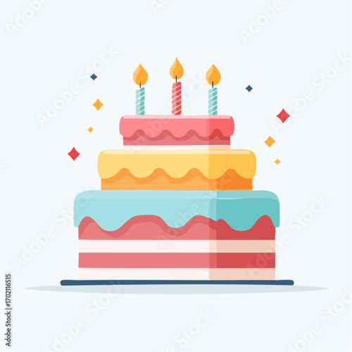 Magnifique gâteau d'anniversaire à plusieurs étages, coloré, crème, bougies, festif, arrière plan blanc, graphisme, joyeux