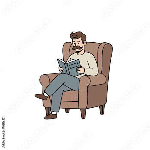 Mustachioed man unwinding with an engaging novel, showcasing the simple pleasure of reading in a cozy, vintage-style armchair