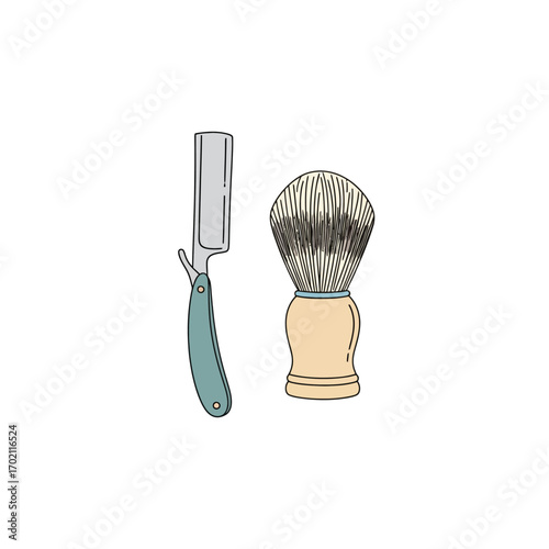 Illustration of a vintage straight razor and shaving brush, tools for grooming and traditional shaving
