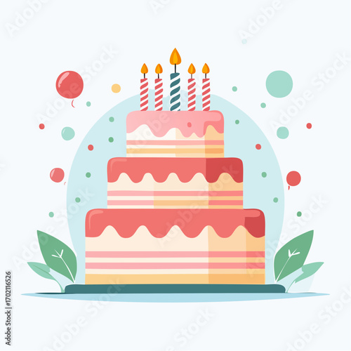 Magnifique gâteau d'anniversaire à plusieurs étages, coloré, crème, bougies, festif, arrière plan blanc, graphisme, joyeux