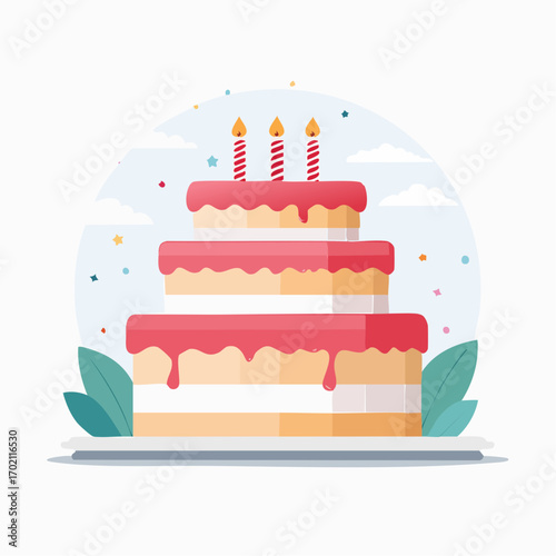 Magnifique gâteau d'anniversaire à plusieurs étages, coloré, crème, bougies, festif, arrière plan blanc, graphisme, joyeux