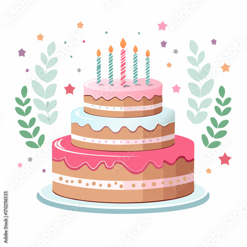Magnifique gâteau d'anniversaire à plusieurs étages, coloré, crème, bougies, festif, arrière plan blanc, graphisme, joyeux
