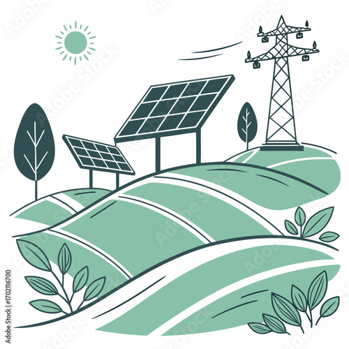 Solar panels and power lines on rolling green hills under a bright sun symbolizing renewable energy generation