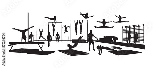 A vector silhouette drawing of a bustling gymnastics gym filled with gymnasts in action