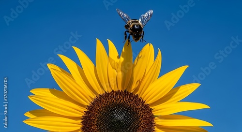 Bumblebee flying over a bright yellow sunflower against a clear blue sky.