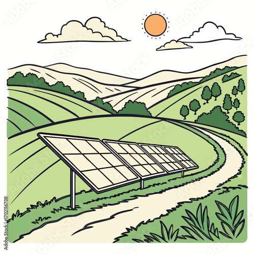 Solar panels installed on a grassy hill next to a winding path under a sunny sky