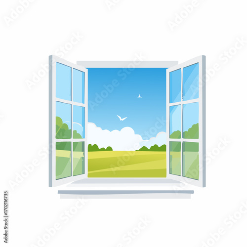 vue sur la nature ensoleillée, depuis une fenêtre ouverte