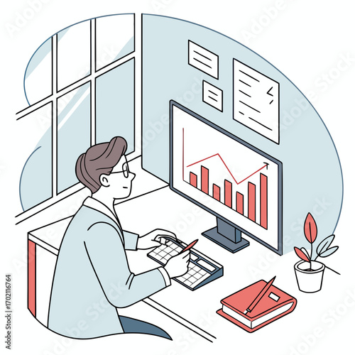 Person working at a desk analyzing financial growth charts on a computer screen with a calculator and notebook