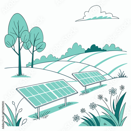 Clean energy solar panels installed in a picturesque green landscape with rolling hills and trees