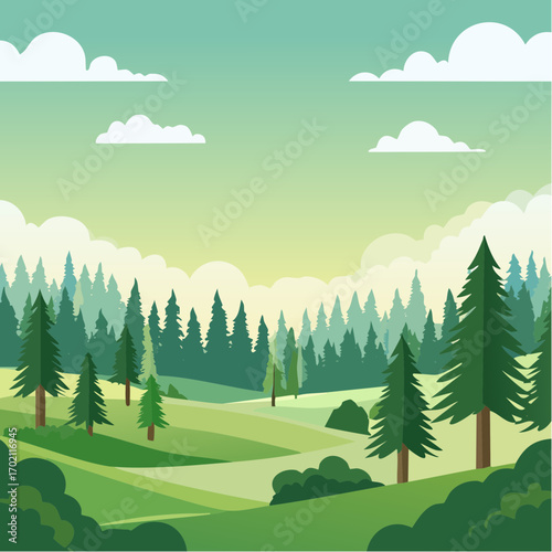 Jolie vallée verdoyante, sapins, montagne, teintes bleu et vert, illustration