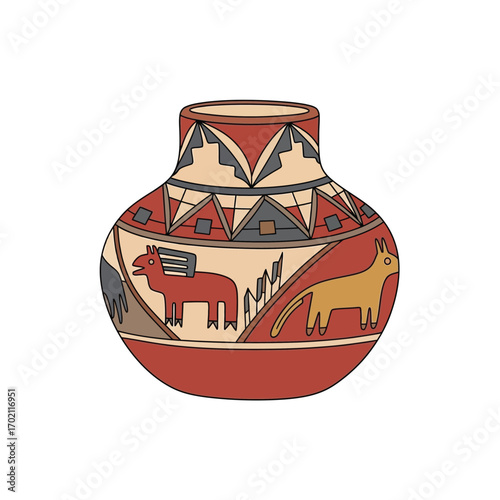 An authentic illustration of traditional Southwestern pottery, showcasing cultural heritage with animal motifs and intricate geometric designs on an earthen vessel